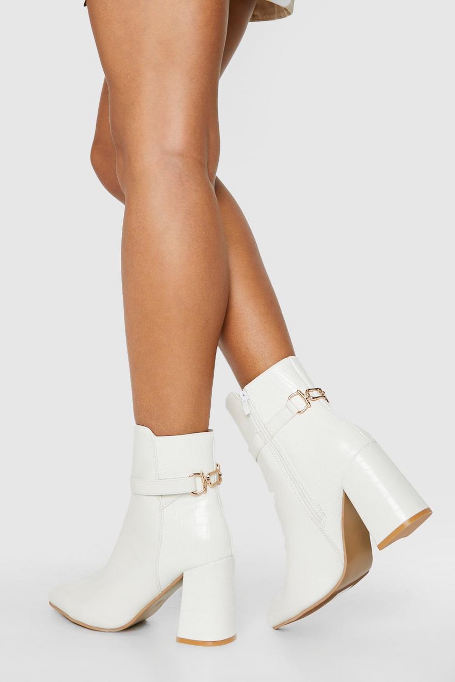 White Wide Fit Hardware Detail Block Heel Shoe Boots image number 1