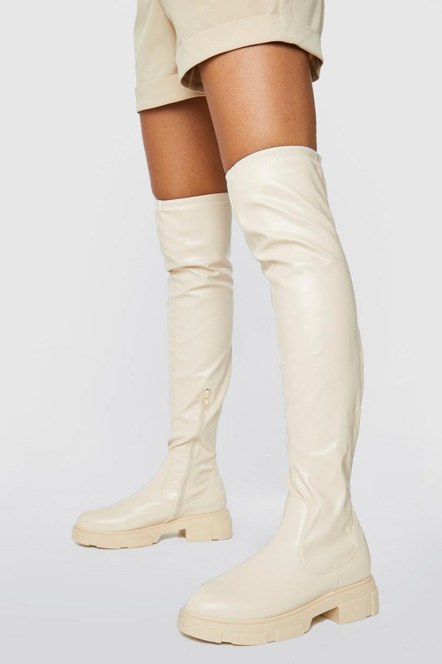 Cream white Stretch Knee High Boots
