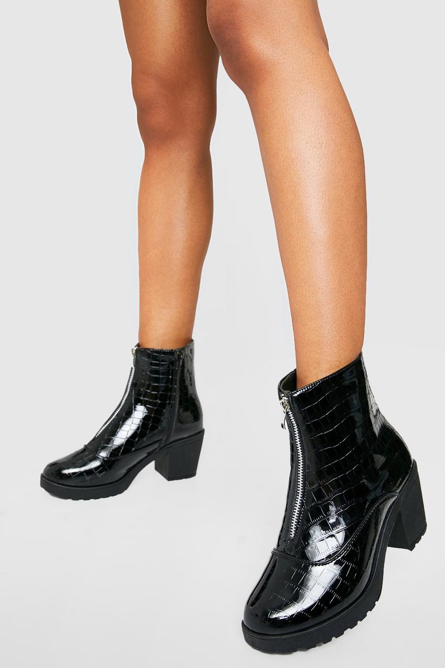 Lack Kroko Chelsea-Stiefel mit Blockabsatz und Reißverschluss, Black schwarz