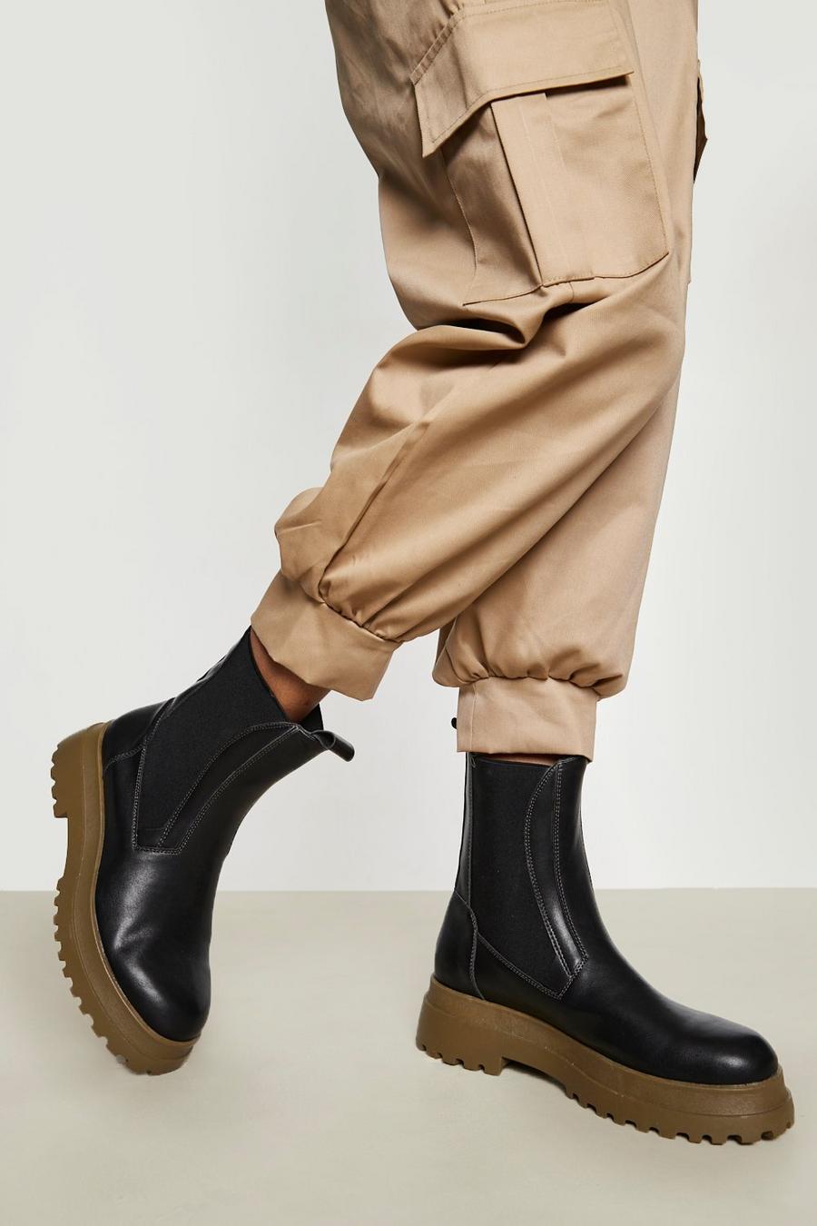 Black Khaki Contrast Sole Chunky Chelsea Boot
