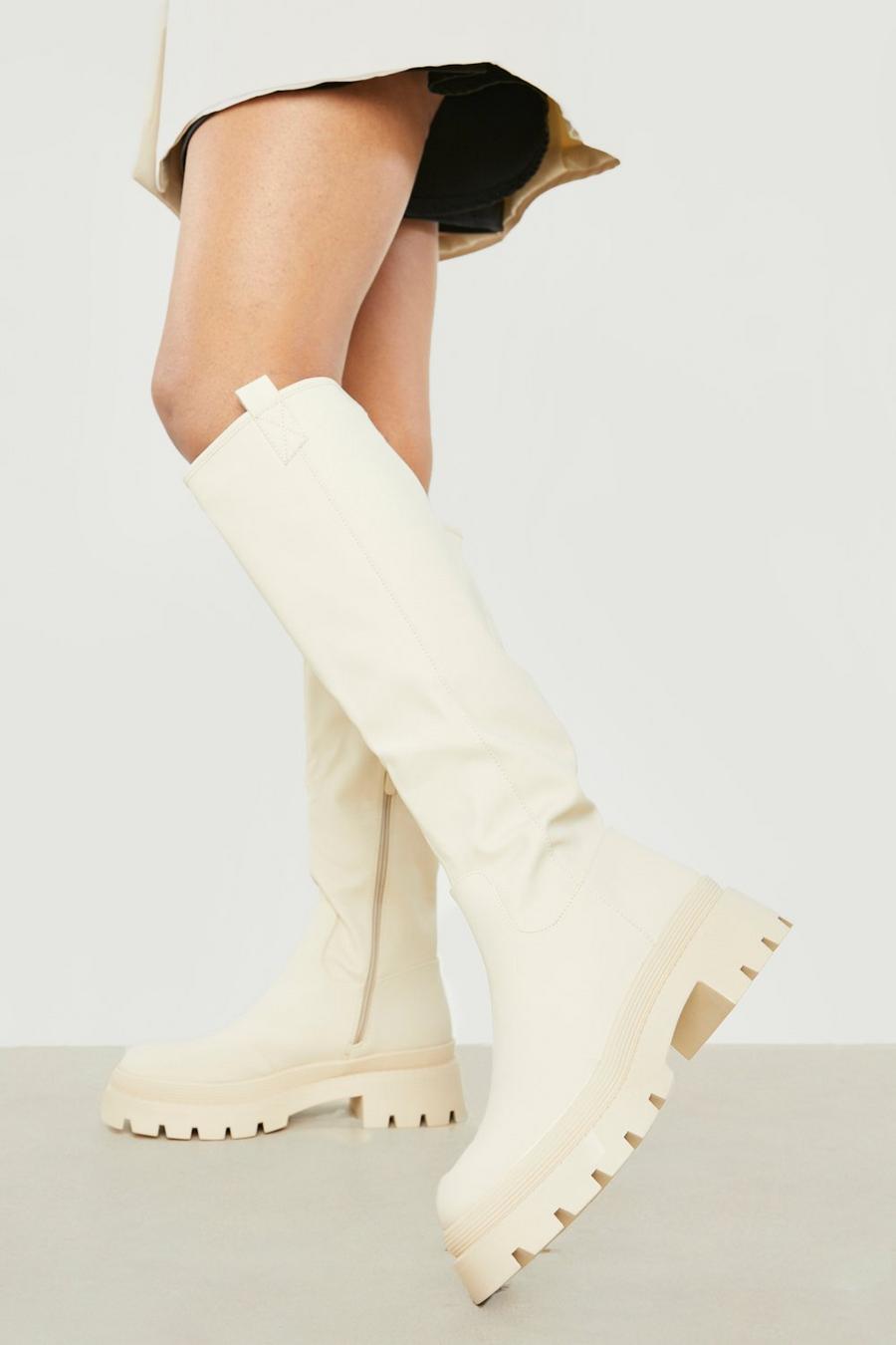 Cream blanco Toe Cap Detail Rubber Knee High Boot