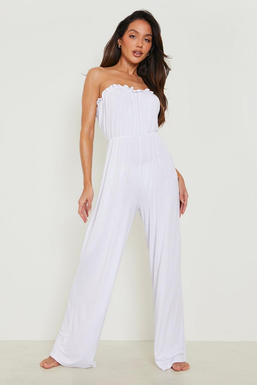 White Jersey Knit Bandeau Beach Jumpsuit image number 1