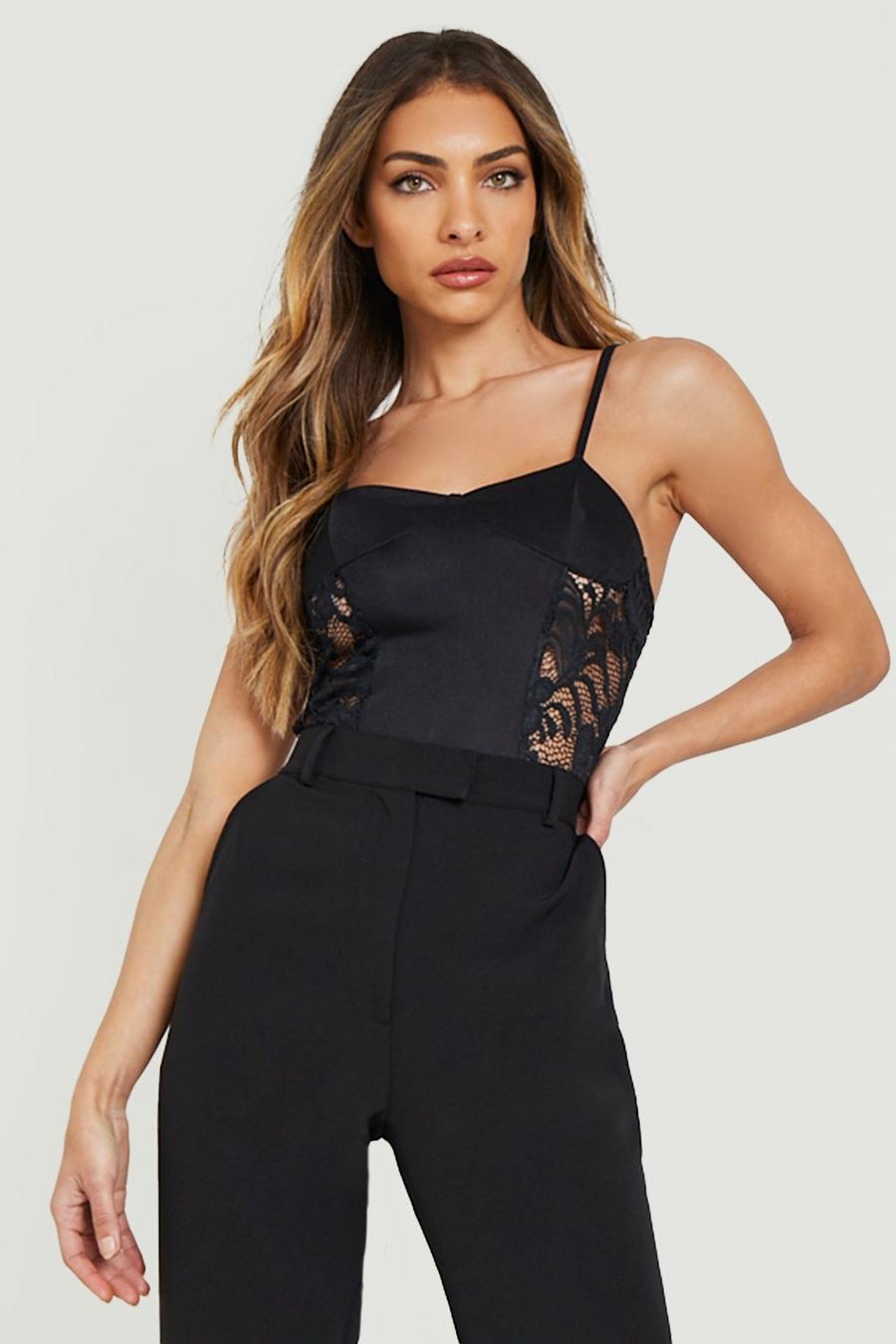 Black Crepe And Lace Strappy Bodysuit  image number 1