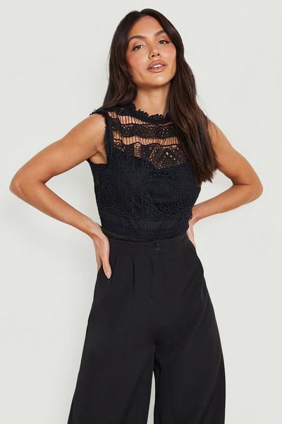 boohoo black Crochet Lace Sleeveless Bodysuit