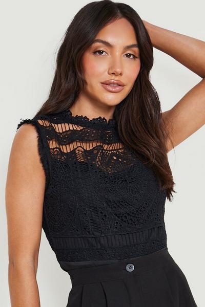 boohoo black Crochet Lace Sleeveless Bodysuit