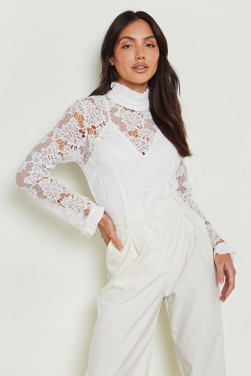 Women's White Lace High Neck Long Sleeve Bodysuit