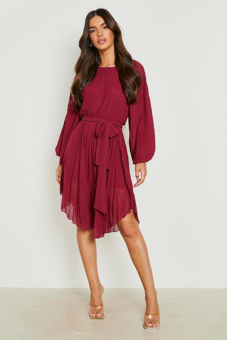 Berry red Pleated Long Sleeve Midi Dress