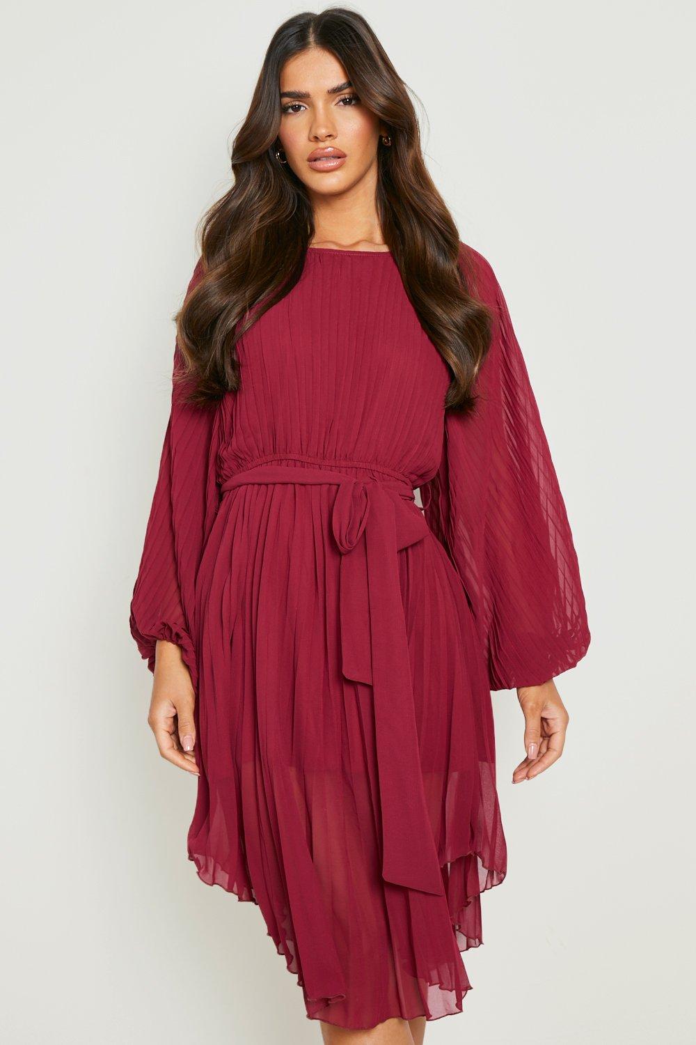 Pleated Long Sleeve Midi Dress | boohoo USA