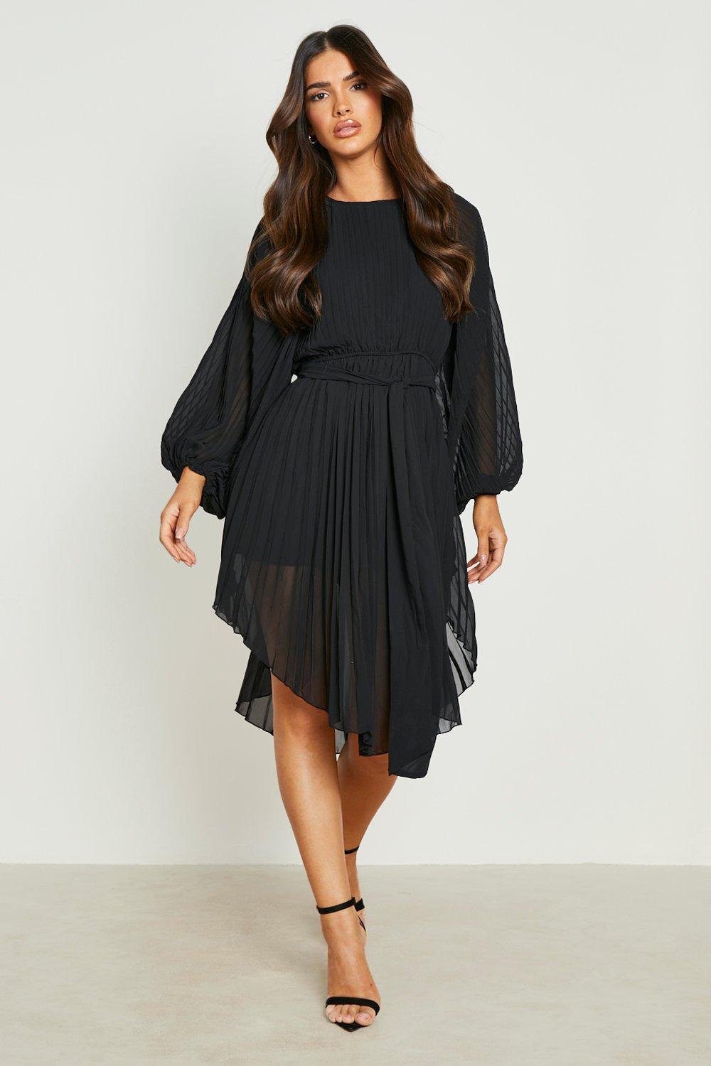 Pleated Long Sleeve Midi Dress