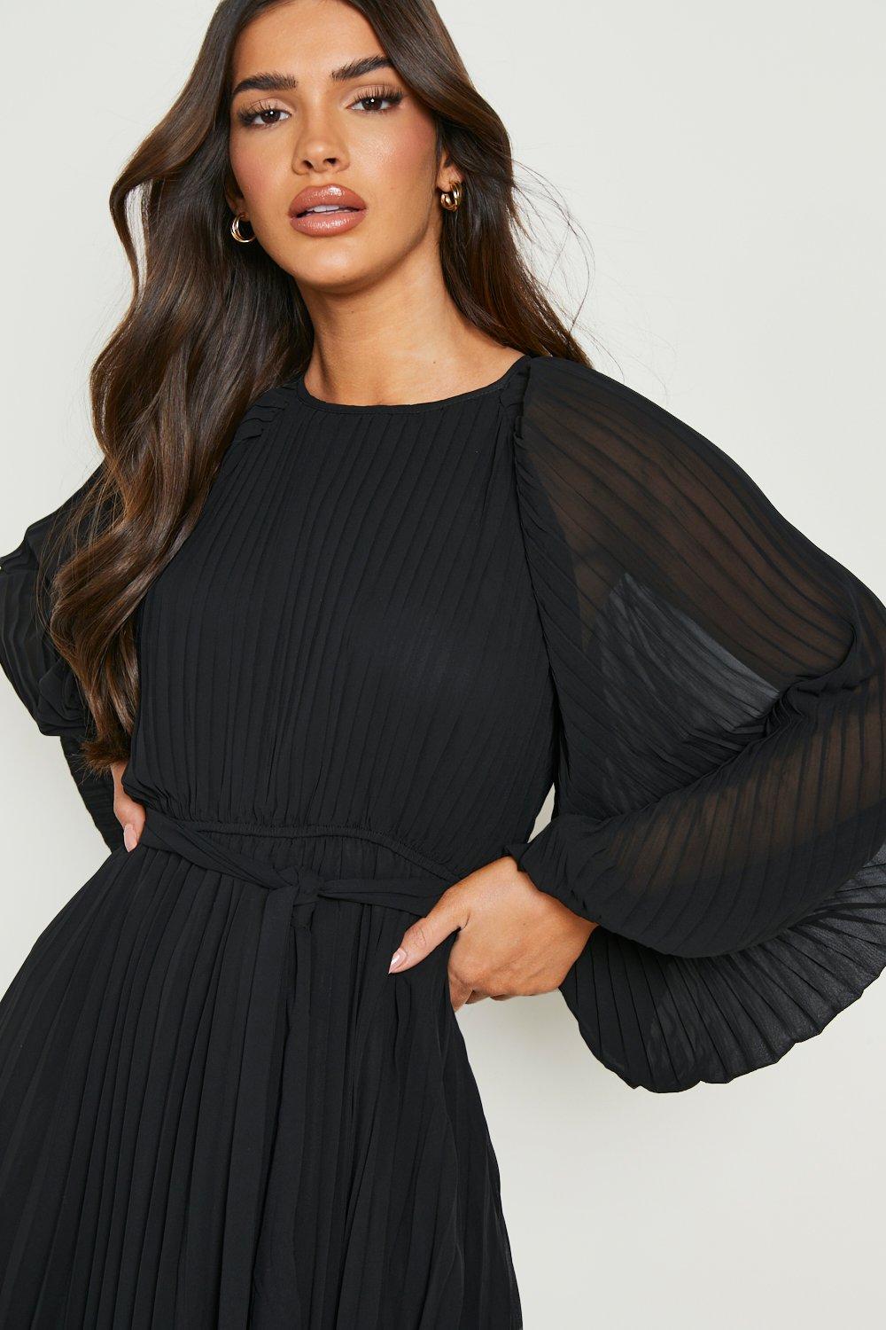 Long black pleated store dress