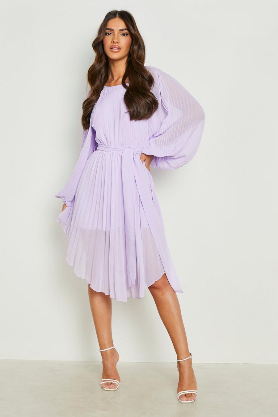 Lilac purple Pleated Long Sleeve Midi Dress