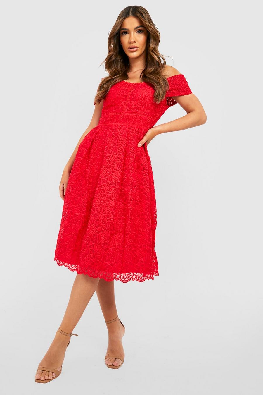 Red rouge Boutique Embroidered Bardot Midi Skater Dress