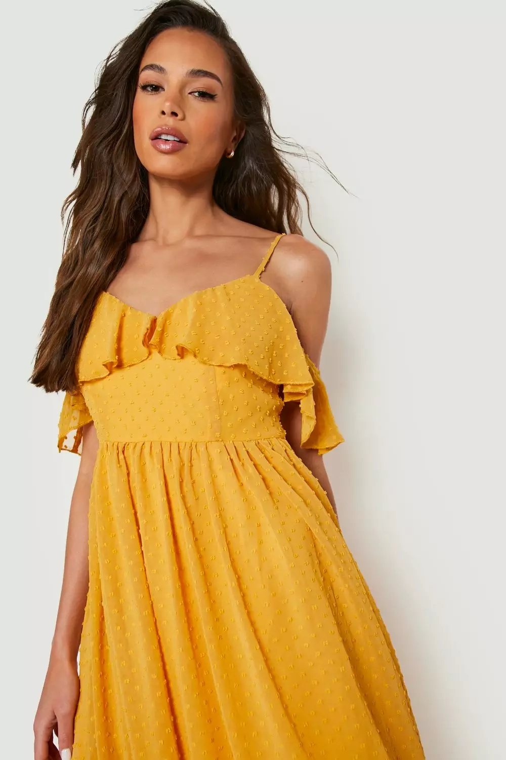 Mustard cold cheap shoulder dress