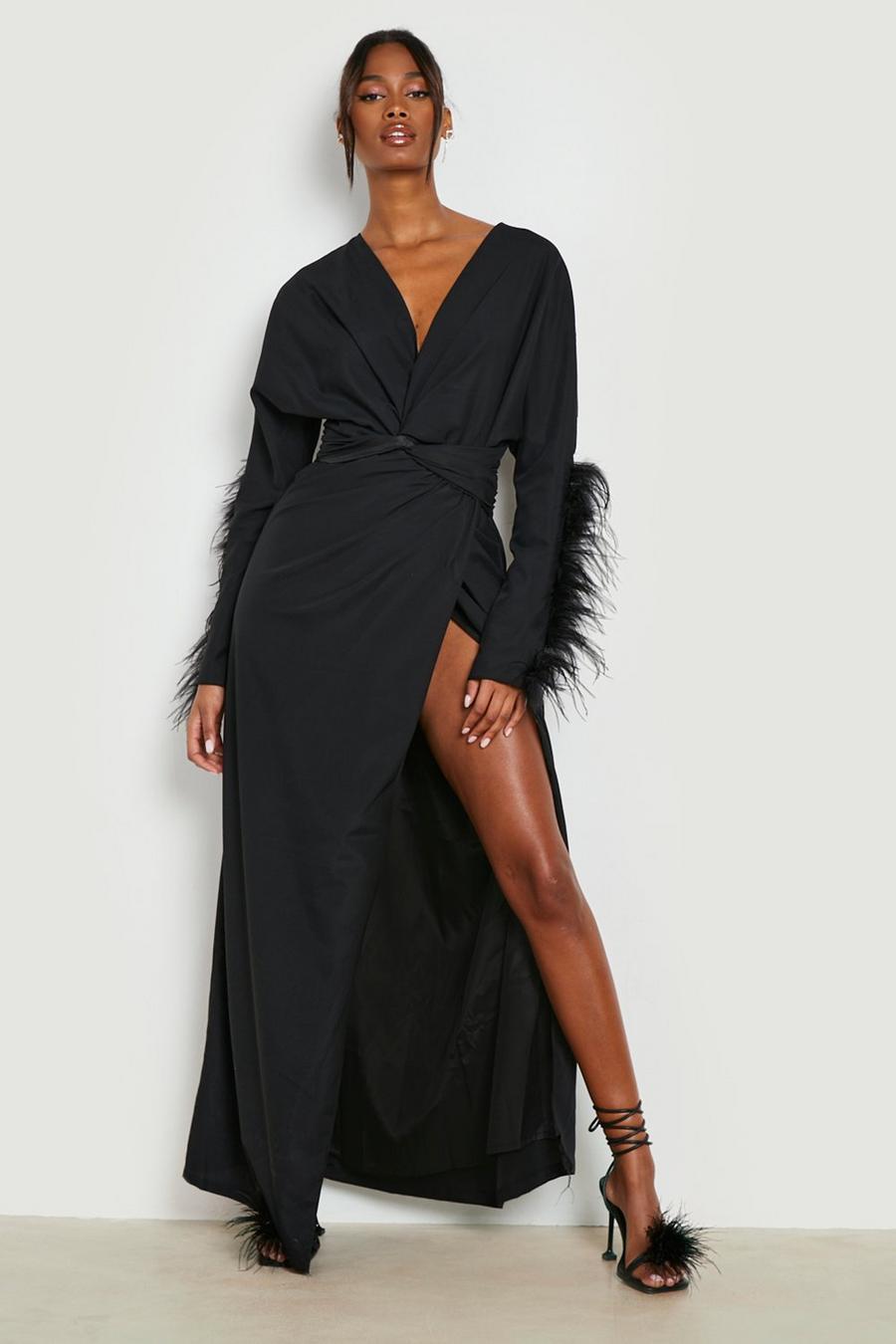 Black Feather Trim Twist Detail Maxi Dress image number 1