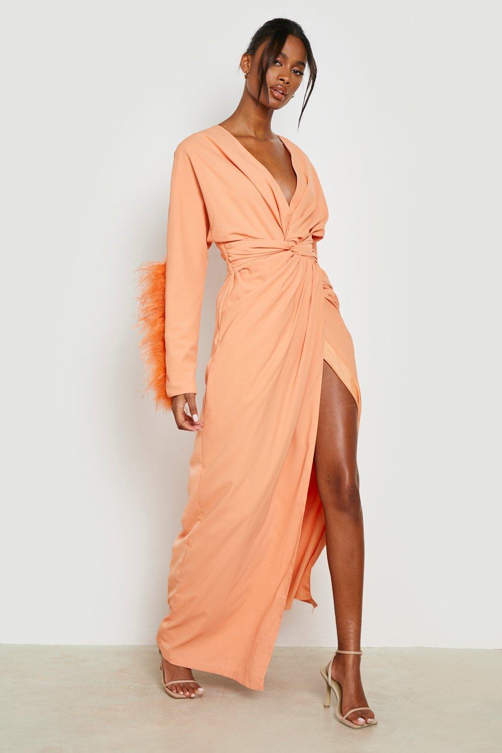 Feather Trim Twist Detail Maxi Dress