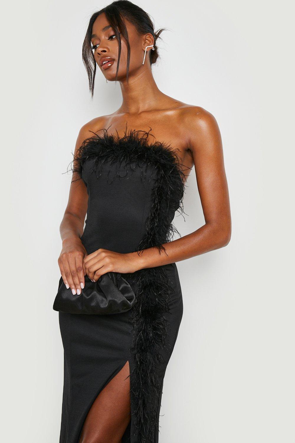 Bandeau Feather Trim Maxi Dress | boohoo
