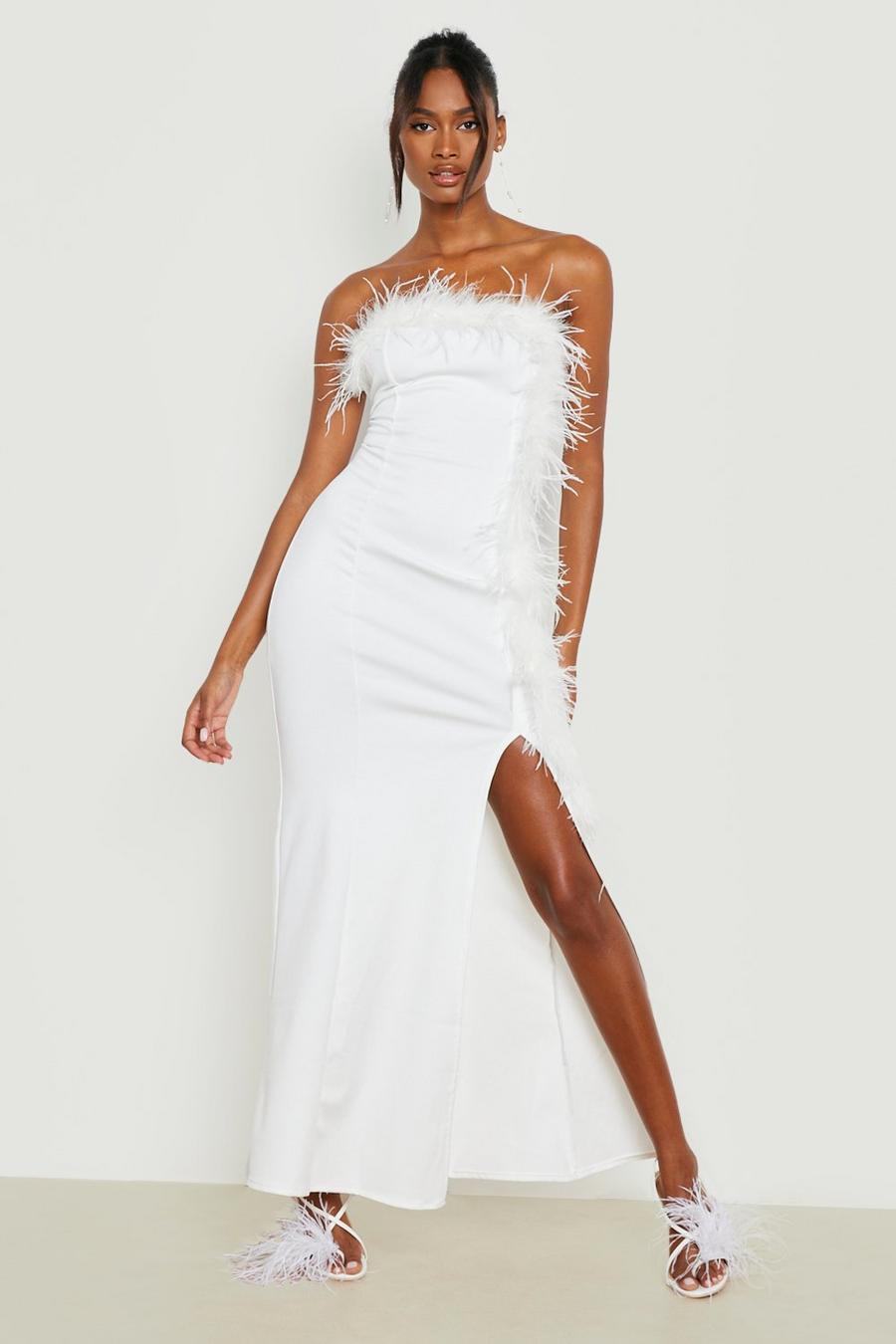 White Bandeau Feather Trim Maxi Dress