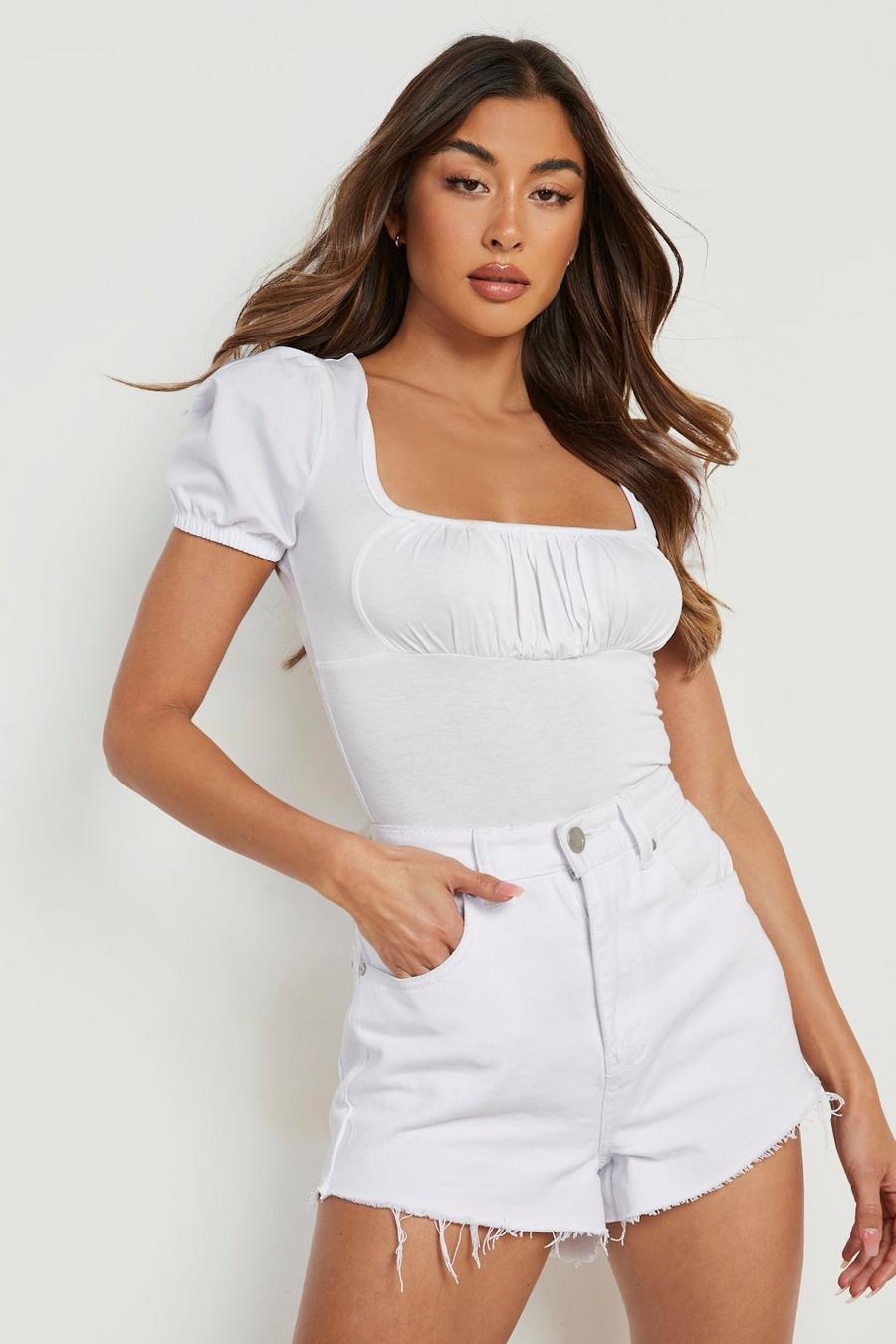 White Ruched Detai Puff Sleeve Jersey Bodysuit image number 1