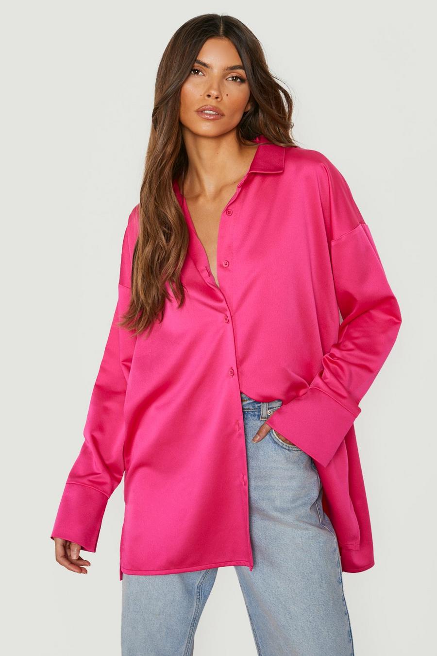 Fuchsia pink Premium Satin Oversized Split Hem Shirt image number 1