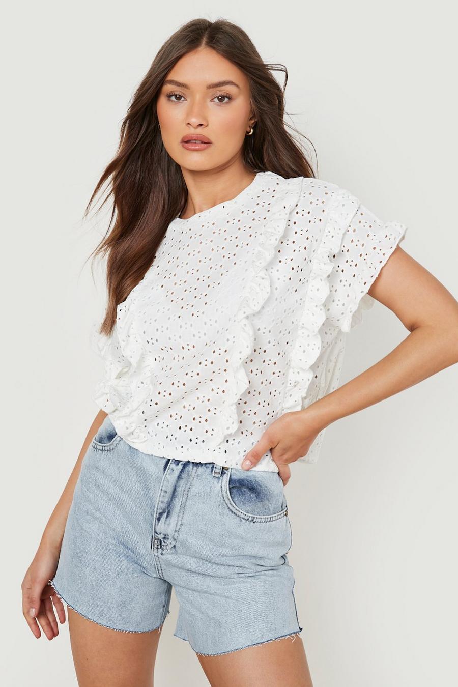 White Jersey Broderie Anglais Ruffle Tshirt image number 1