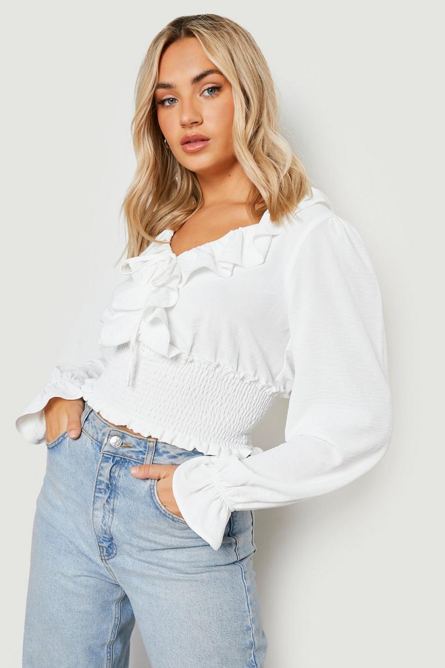 White Ruffle Detail Shirred Top image number 1