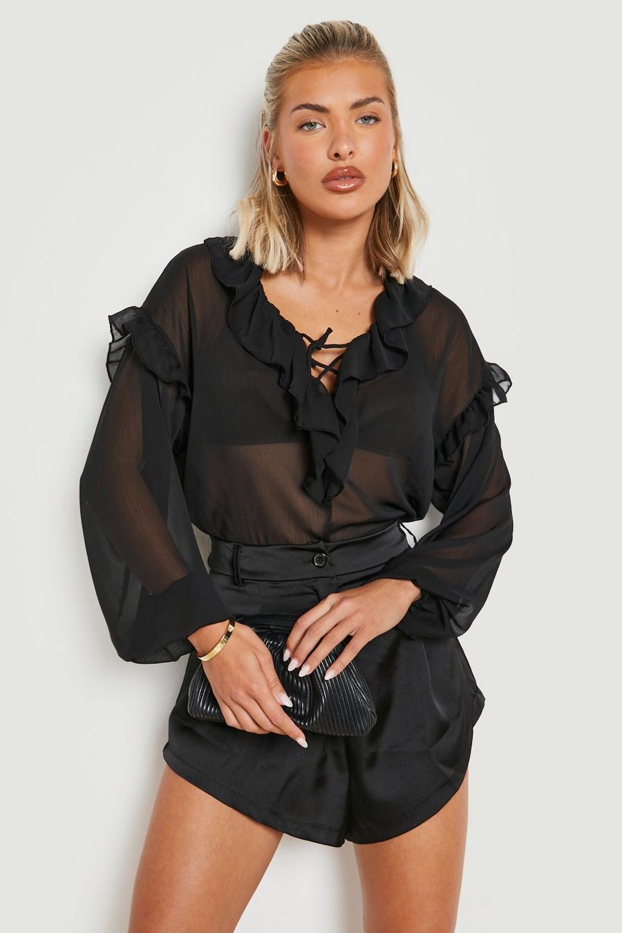 Black Lace Up Ruffle Detail Blouse  image number 1
