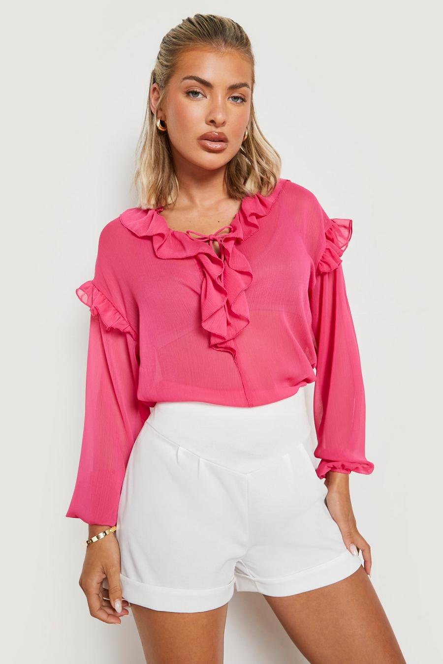Pink Lace Up Ruffle Detail Blouse image number 1