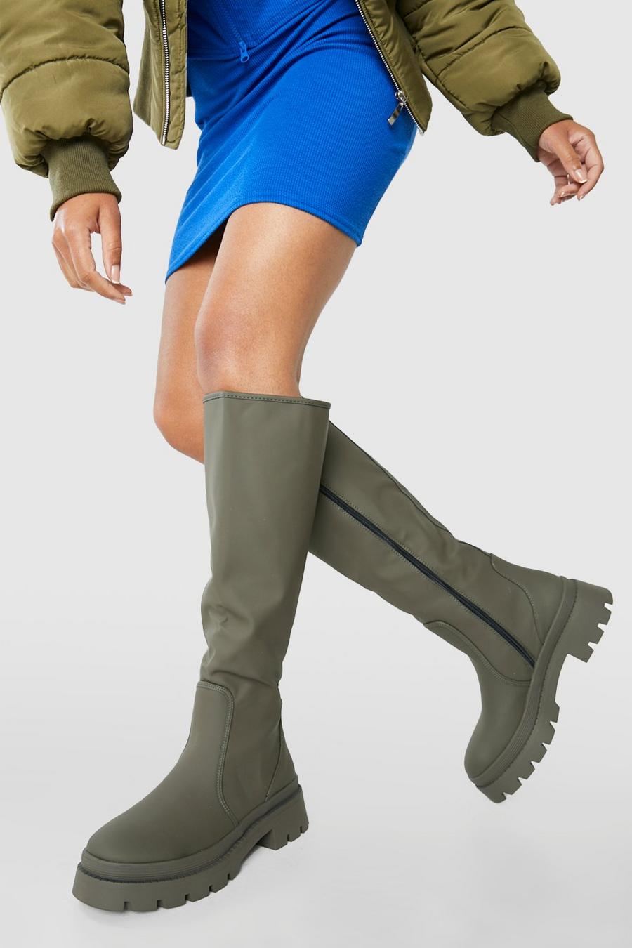 Khaki Wide Fit Rubber Knee High Boot image number 1