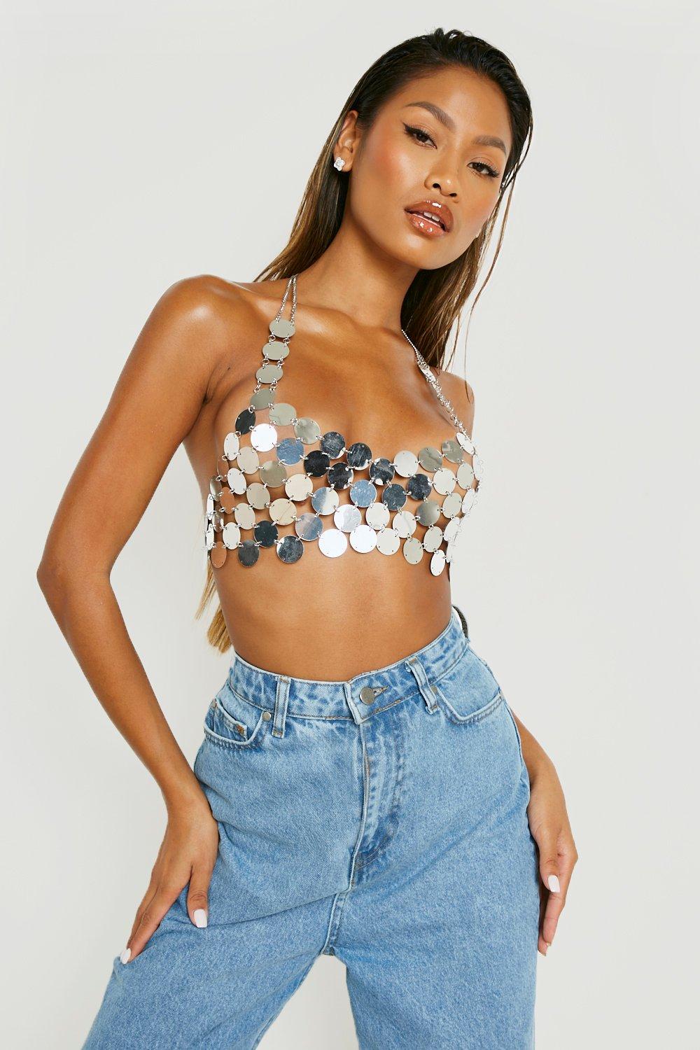 OUT OF THIS WORLD MIRRORED BRA TOP in silver