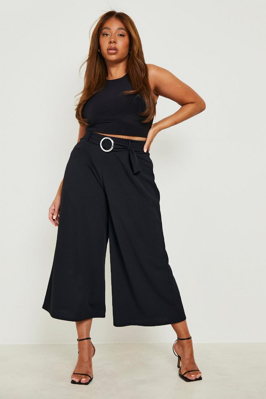 Black Plus Pleated Belted Wide Leg Trousers image number 1