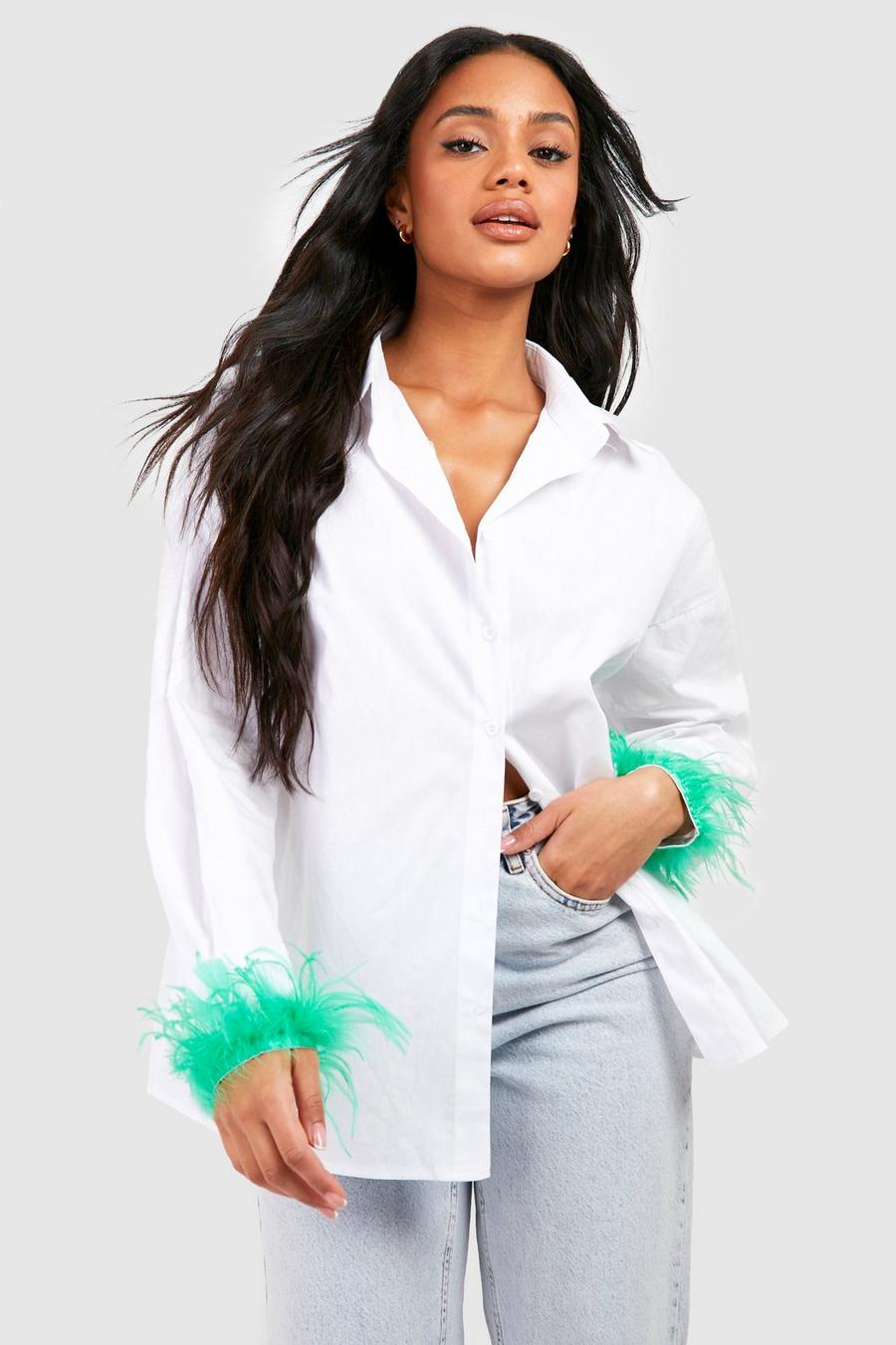 Green Cotton Poplin Oversized Feather Cuff Shirt