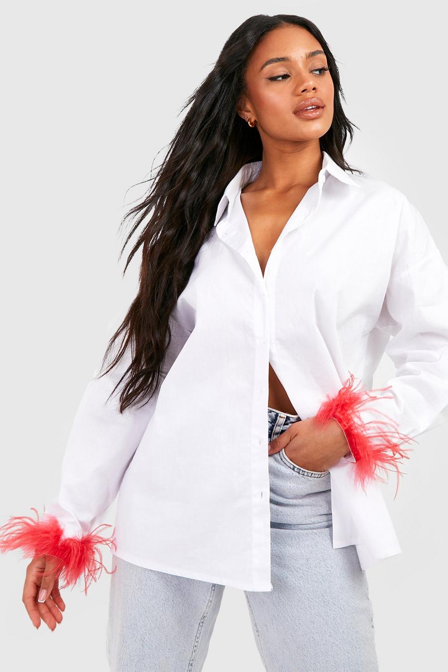 Camicia oversize in cotone popeline con piume sui polsini, Pink image number 1