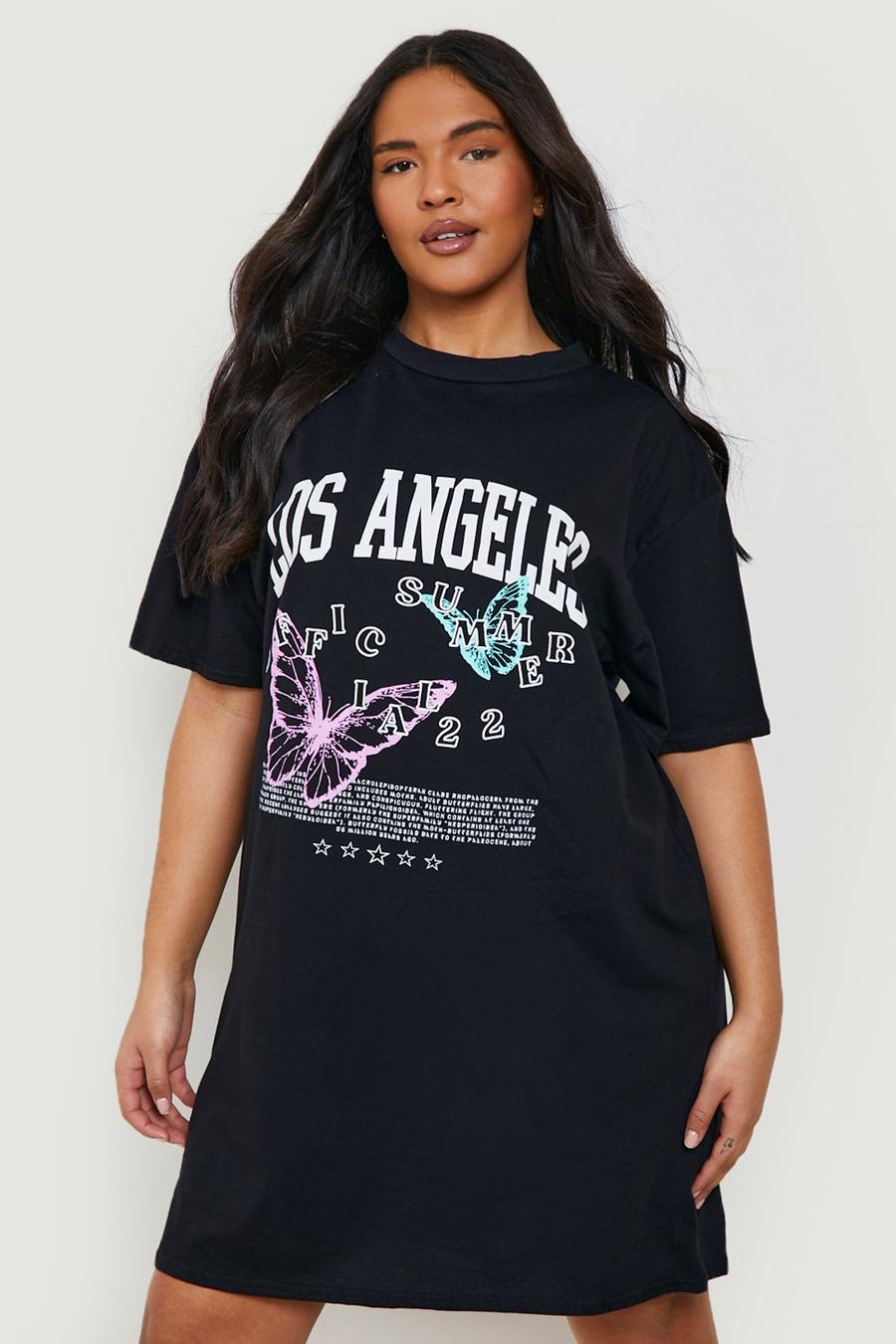 Plus T-Shirt-Kleid mit Schmetterlings Slogan, Black image number 1