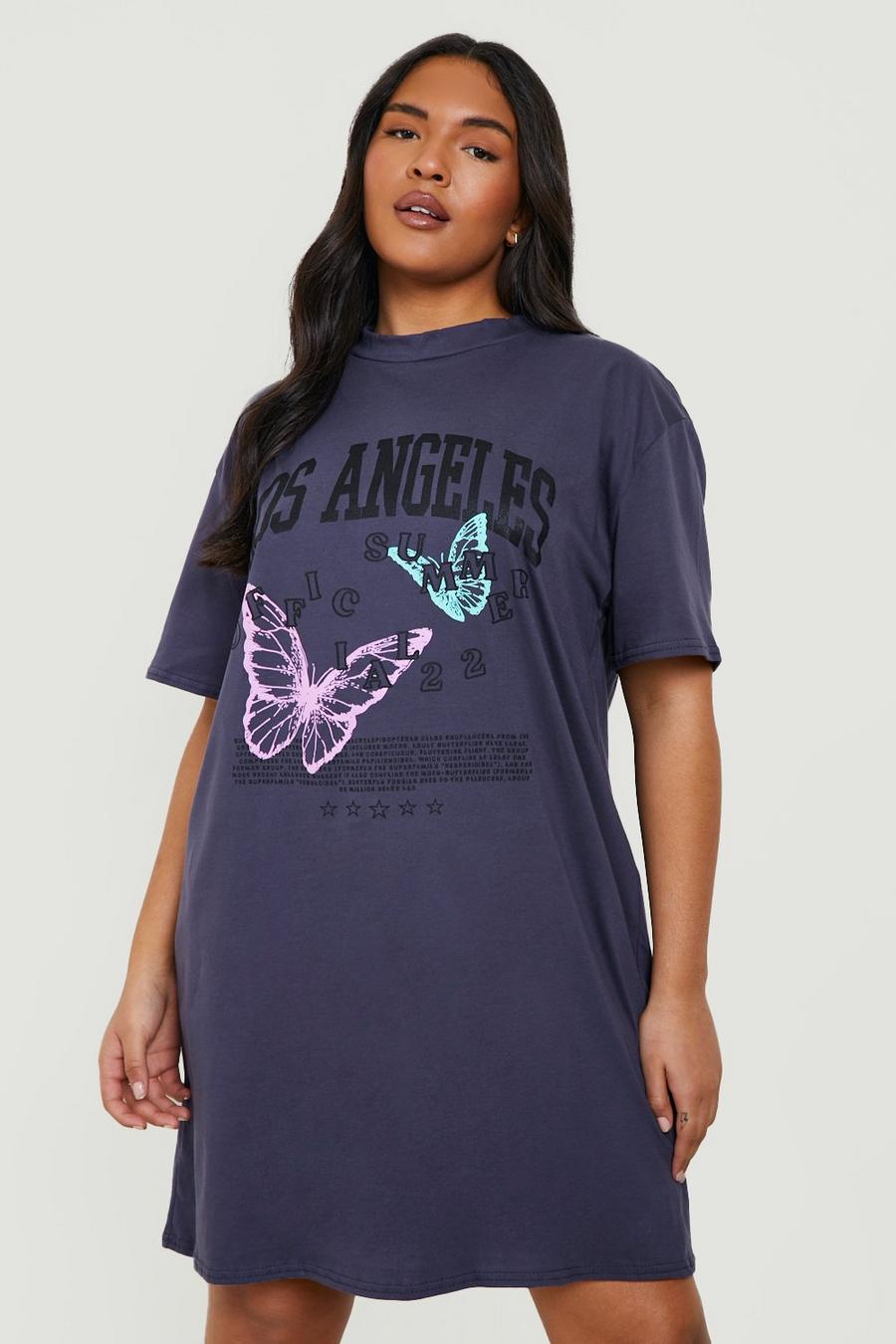 Plus T-Shirt-Kleid mit Schmetterlings Slogan, Charcoal grau image number 1
