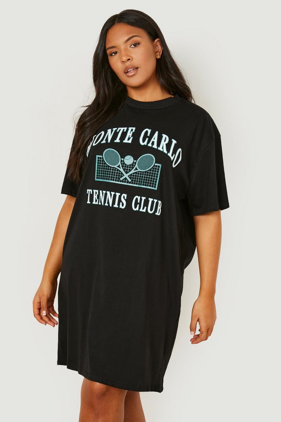 Plus T-Shirt Kleid mit Tennis Club Slogan, Black image number 1
