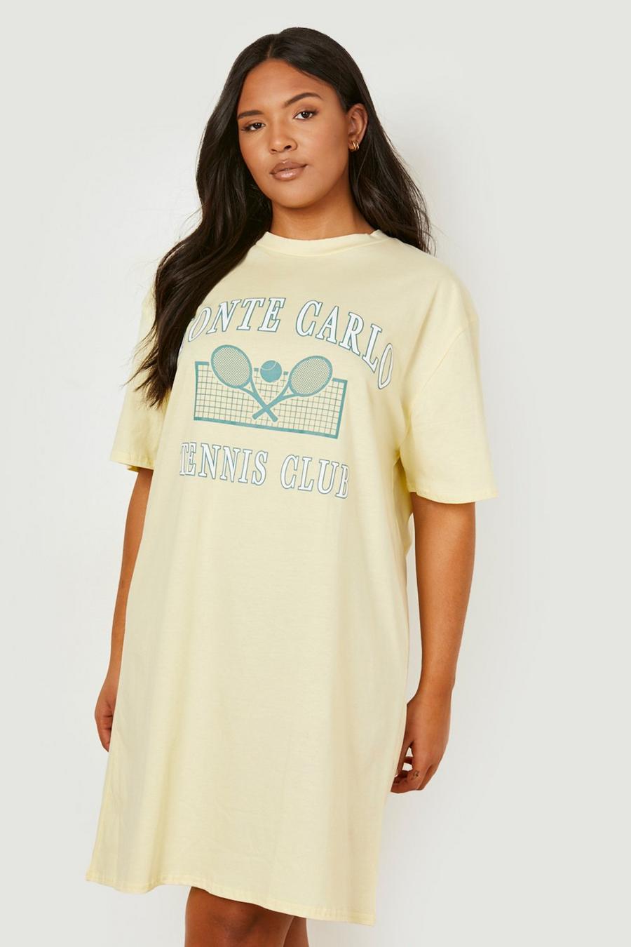 Plus T-Shirt Kleid mit Tennis Club Slogan, Yellow image number 1