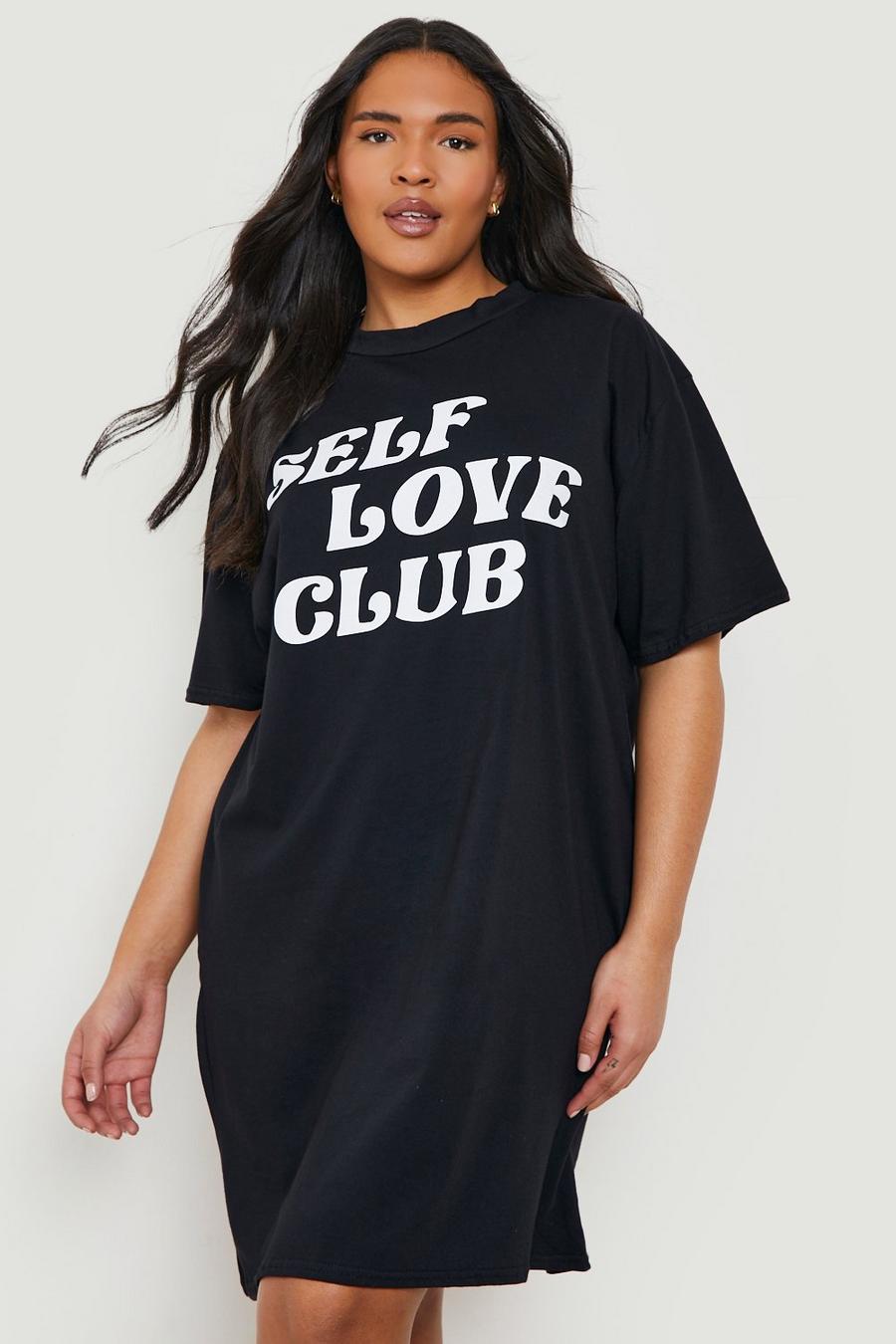 Plus T-Shirt Kleid mit Self Love Club Slogan, Black image number 1
