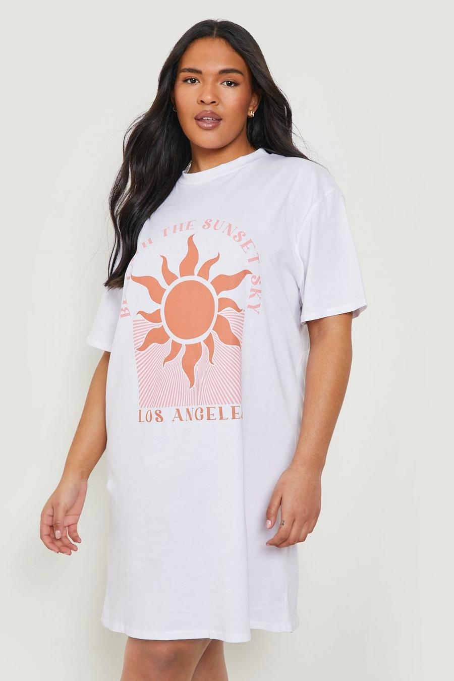 Vestito T-shirt Plus Size con tramonto, White bianco