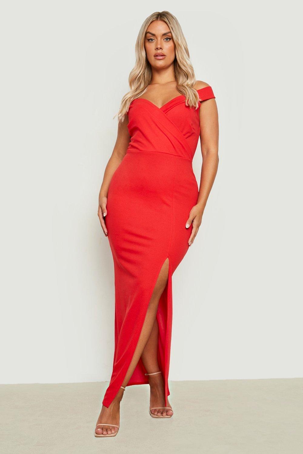 Boohoo red off the shoulder dress sale