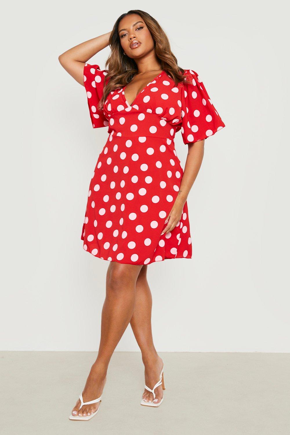 Red polka dot dress hot sale boohoo