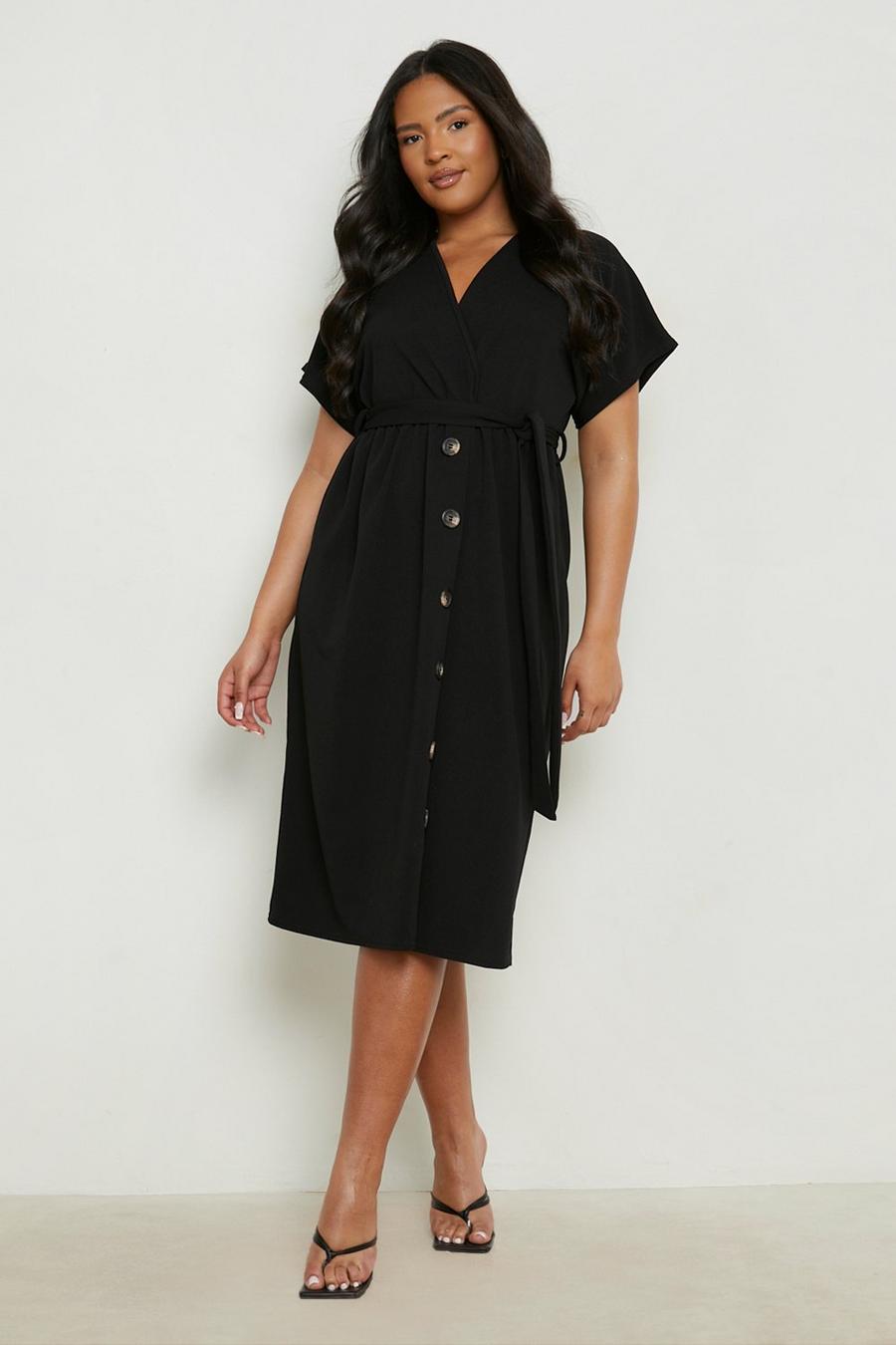 Black Plus Belted Button Down Midi Dress image number 1