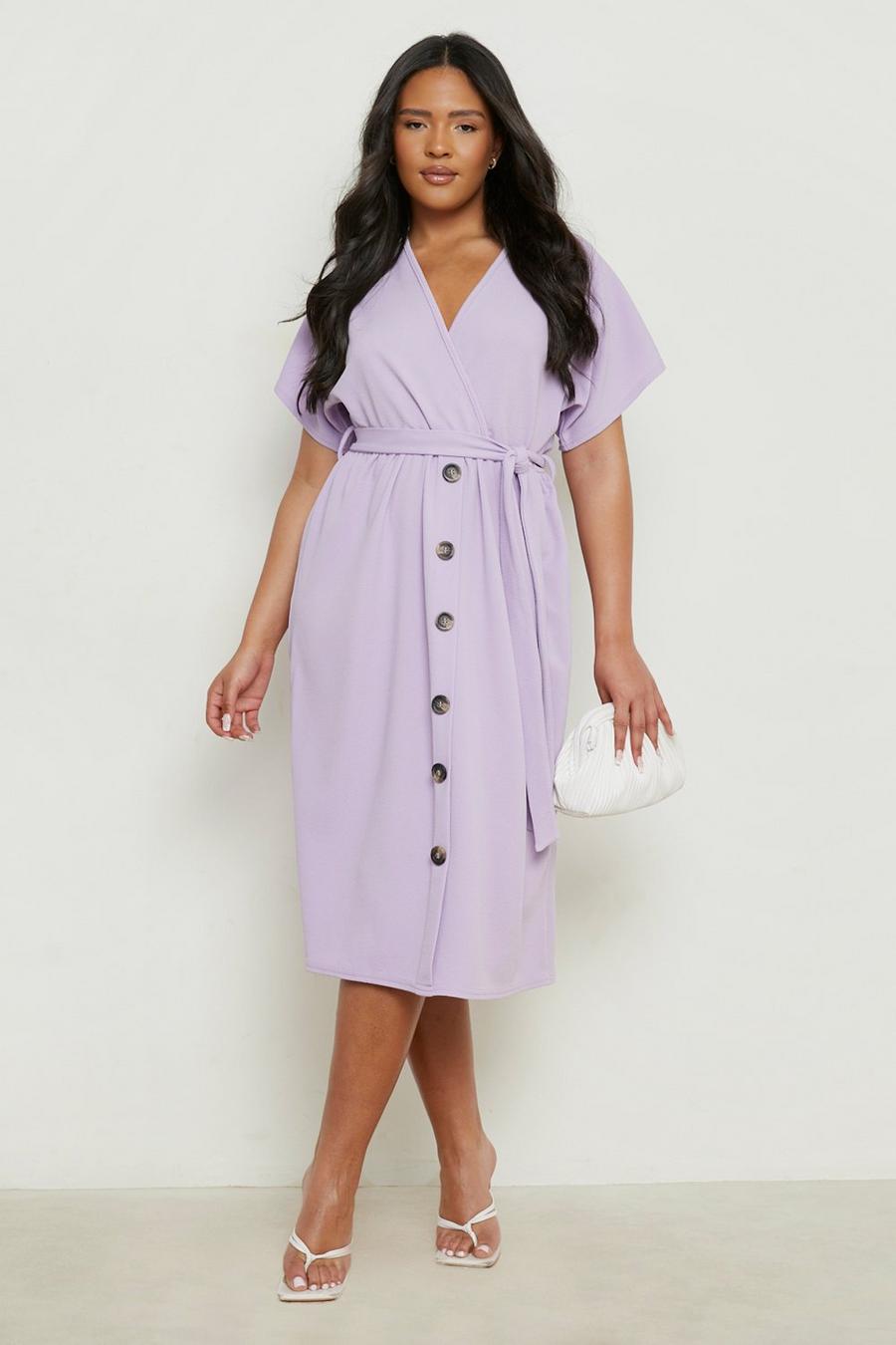 Lilac Plus Midiklänning med knappar och knytskärp image number 1