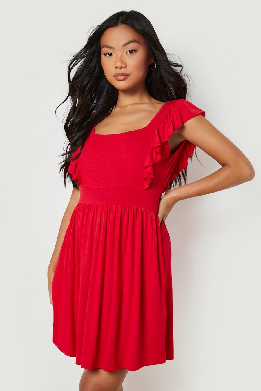 אדום שמלת סקייטר עם שרוולי מלמלה ומחשוף מרובע, פטיט image number 1