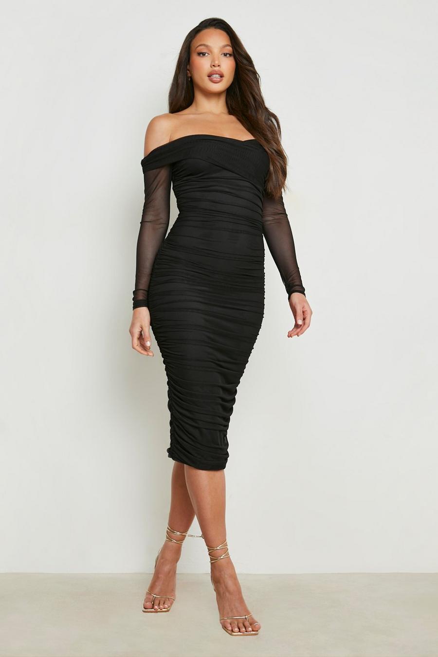 Black Tall Off Shoulder Ruched Mesh Bodycon Dress image number 1