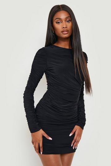 Ruched Long Sleeve Bodycon Dress black