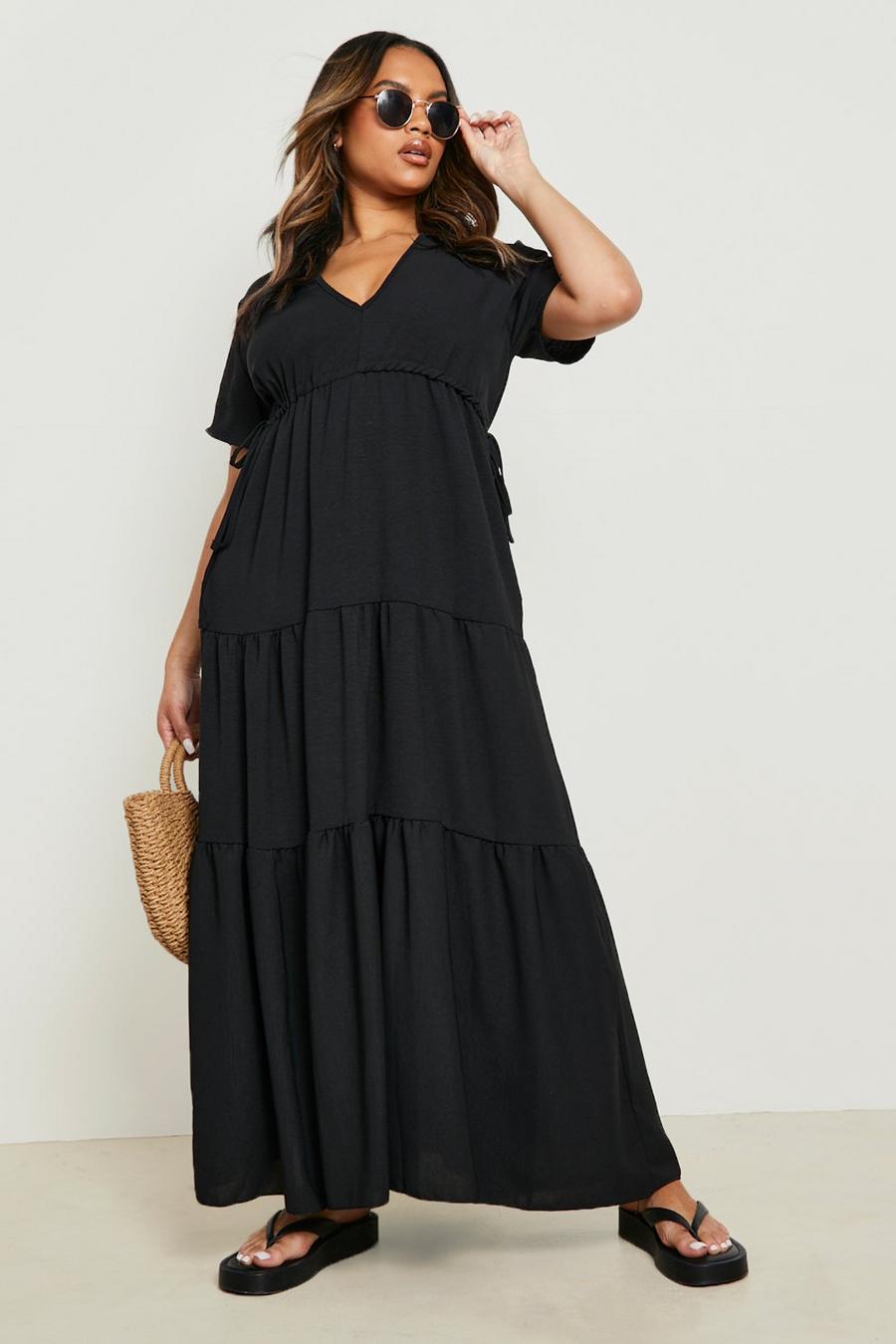 Vestido Plus midi escalonado con atadura, Black