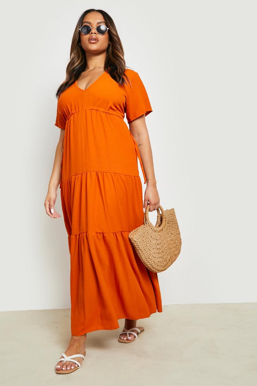 Rust Plus Tie Detail Tiered Maxi Dress image number 1
