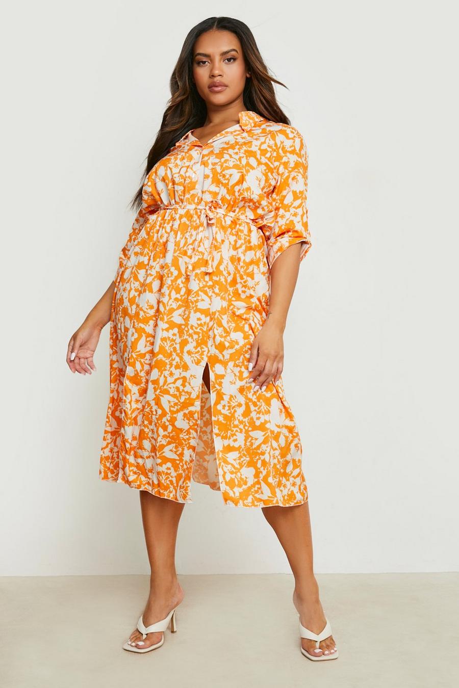 Grande taille - Robe chemise mi-longue à imprimé fleuri, Orange image number 1