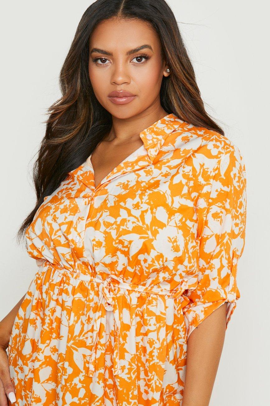 Plus Orange Wrap Over Floral Blouse, Women's Blouses