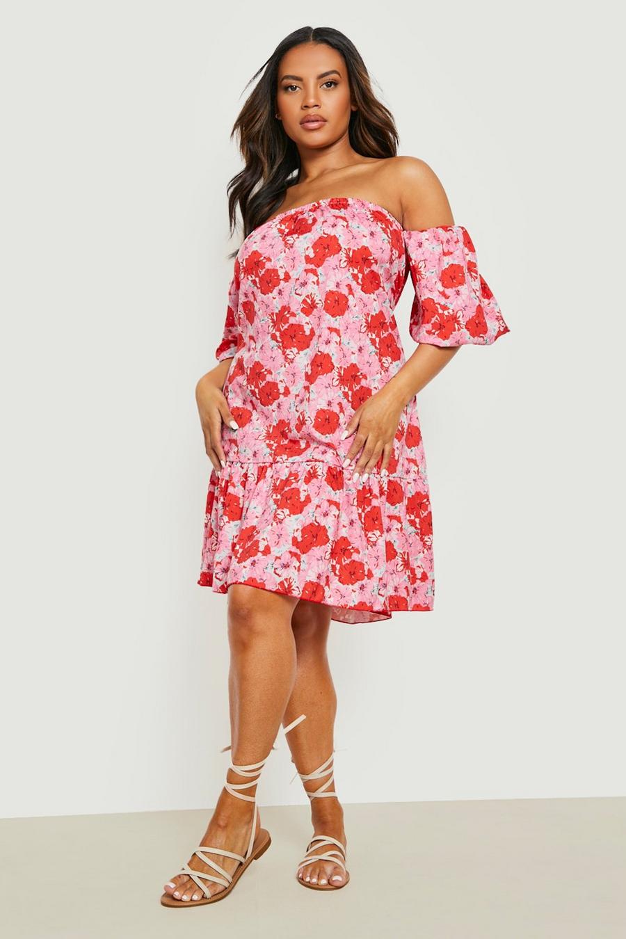 Pink Plus Puff Sleeve Floral Sun Dress image number 1